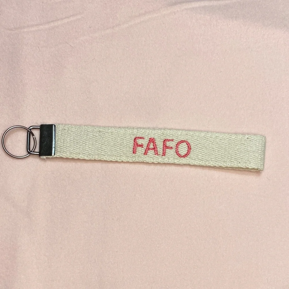 Handmade FAFO Embroidered Keychain Key Fob Wristlet Beige 7